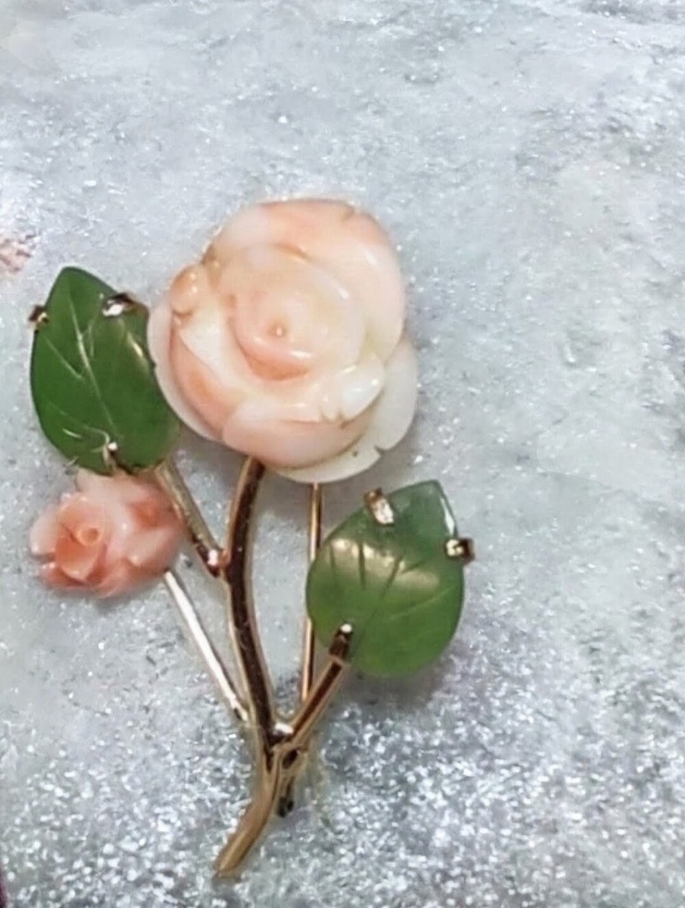 Coral Roses & Jade Leafing Vintage Brooch